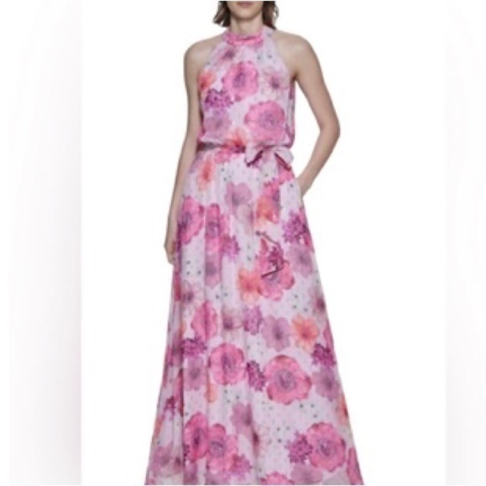 JESSICA HOWARD. Pink Floral Print Halter Gown